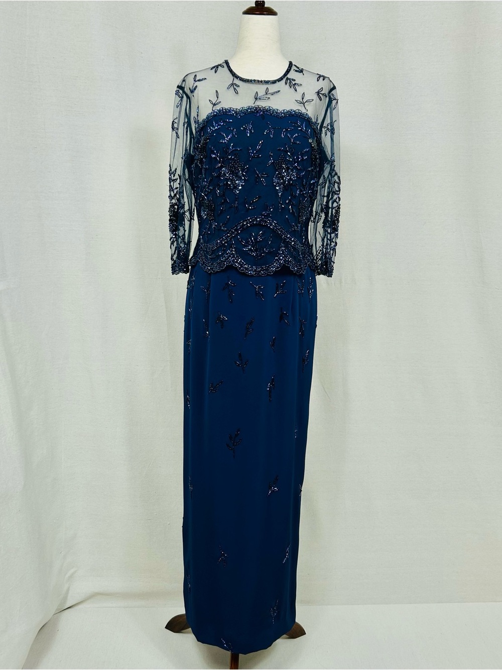 Jovani New York Navy Beaded Long 3/4 Sleeve Evening Wadding Gown Size 10